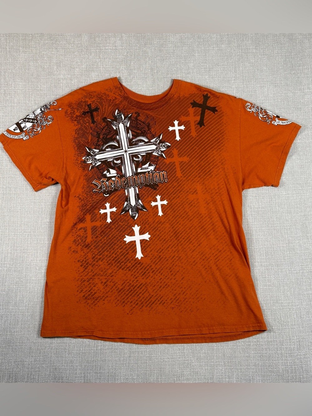 MMA Elite Shirt Mens XL Orange Redemption Cross Graphic Tee Y2K Affliction Style